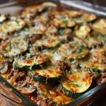 ['A close-up view of a baked dish featuring ground beef and zucchini.', 'Juicy Ground Beef Zucchini Bake with melted cheese on top.', 'Side view of a hearty Ground Beef Zucchini Bake served in a dish.', 'Deliciously layered Ground Beef Zucchini Bake showcasing zucchini and cheese.']