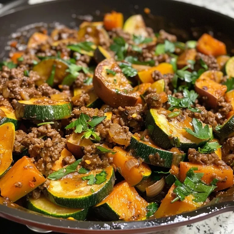 ['Close-up view of a juicy Ground Beef Zucchini Sweet Potato Skillet.', 'A colorful skillet filled with ground beef, zucchini, sweet potato, and spinach.', 'Side view of a vibrant dish featuring ground beef and diced sweet potatoes.', 'Savory skillet meal with ground beef, zucchini slices, and fresh parsley garnish.']
