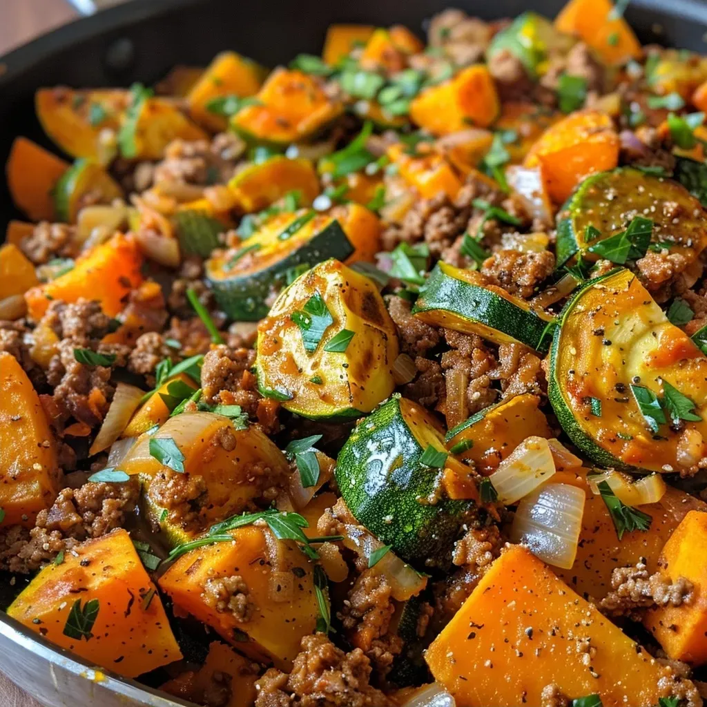 ['Close-up view of a juicy Ground Beef Zucchini Sweet Potato Skillet.', 'A colorful skillet filled with ground beef, zucchini, sweet potato, and spinach.', 'Side view of a vibrant dish featuring ground beef and diced sweet potatoes.', 'Savory skillet meal with ground beef, zucchini slices, and fresh parsley garnish.']