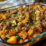 ['A close-up view of a ground turkey bake with diced sweet potatoes and zucchini.', 'Juicy ground turkey bake layered with cheese and vegetables, captured from the side.', 'A colorful serving of ground turkey bake, featuring sweet potatoes and zucchini.', 'Delicious ground turkey bake with melted cheese, garnished with fresh parsley.']