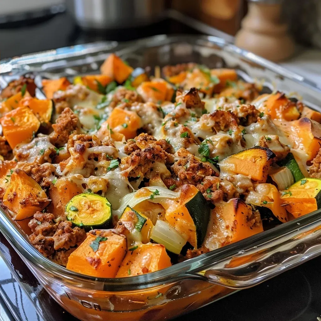 ['A close-up view of a ground turkey bake with diced sweet potatoes and zucchini.', 'Juicy ground turkey bake layered with cheese and vegetables, captured from the side.', 'A colorful serving of ground turkey bake, featuring sweet potatoes and zucchini.', 'Delicious ground turkey bake with melted cheese, garnished with fresh parsley.']