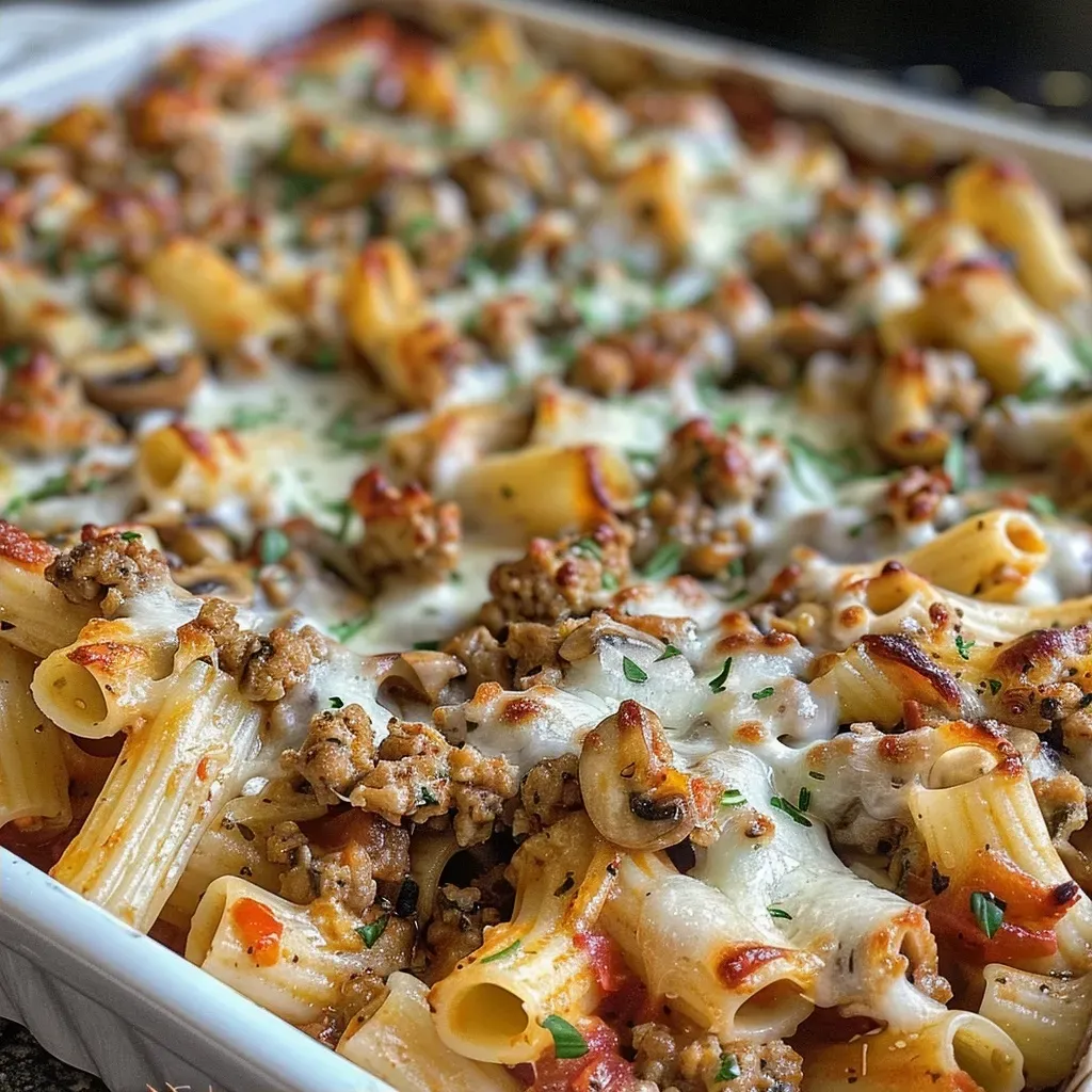 Close-up view of a delicious Ground Turkey Pasta Bake with melted cheese on top.