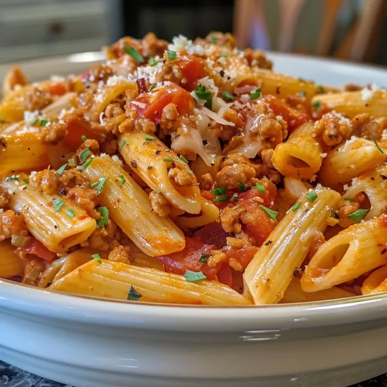 ['Close-up view of a plate of Ground Turkey Pasta with melted cheese on top.', 'Side view of a delicious serving of Ground Turkey Pasta with herbs and cheese.', 'Colorful bowl of Ground Turkey Pasta featuring penne and ground turkey.', 'Juicy Ground Turkey Pasta garnished with fresh herbs and cheese.']