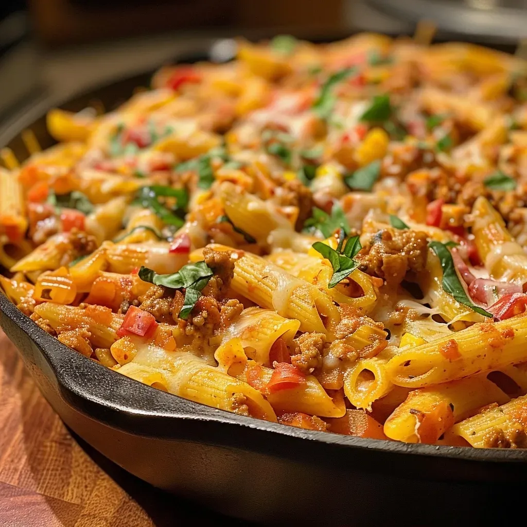 Close-up view of a plate of Ground Turkey Pasta with melted cheese on top.