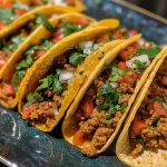 ['A close-up side view of juicy ground turkey tacos with various toppings.', 'Delicious ground turkey tacos filled with fresh ingredients and garnished with toppings.', 'A vibrant close-up of ground turkey tacos showcasing colorful toppings and tortillas.', 'Juicy ground turkey tacos served with optional toppings like salsa and avocado.']