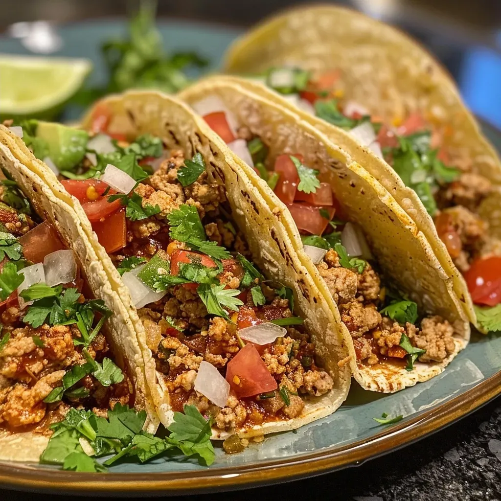 ['A close-up side view of juicy ground turkey tacos with various toppings.', 'Delicious ground turkey tacos filled with fresh ingredients and garnished with toppings.', 'A vibrant close-up of ground turkey tacos showcasing colorful toppings and tortillas.', 'Juicy ground turkey tacos served with optional toppings like salsa and avocado.']