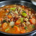 ['A close-up view of a bowl of Ground Turkey Vegetable Soup, showcasing the colorful ingredients.', 'Side angle of a hearty Ground Turkey Vegetable Soup filled with turkey, vegetables, and herbs.', 'A vibrant serving of Ground Turkey Vegetable Soup in a rustic bowl, highlighting its chunky texture.', 'Detailed shot of Ground Turkey Vegetable Soup with visible pieces of turkey, carrots, and greens.']