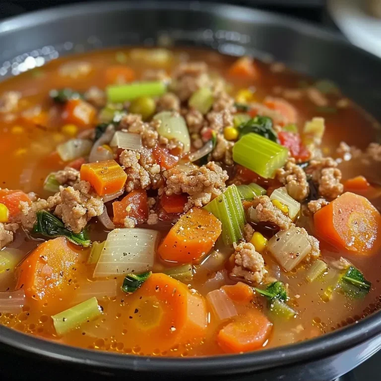 ['A close-up view of a bowl of Ground Turkey Vegetable Soup, showcasing the colorful ingredients.', 'Side angle of a hearty Ground Turkey Vegetable Soup filled with turkey, vegetables, and herbs.', 'A vibrant serving of Ground Turkey Vegetable Soup in a rustic bowl, highlighting its chunky texture.', 'Detailed shot of Ground Turkey Vegetable Soup with visible pieces of turkey, carrots, and greens.']