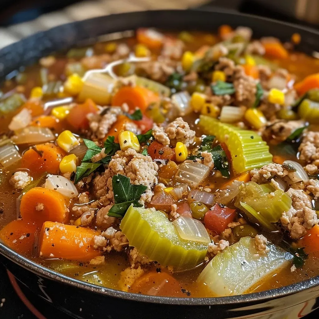 ['A close-up view of a bowl of Ground Turkey Vegetable Soup, showcasing the colorful ingredients.', 'Side angle of a hearty Ground Turkey Vegetable Soup filled with turkey, vegetables, and herbs.', 'A vibrant serving of Ground Turkey Vegetable Soup in a rustic bowl, highlighting its chunky texture.', 'Detailed shot of Ground Turkey Vegetable Soup with visible pieces of turkey, carrots, and greens.']