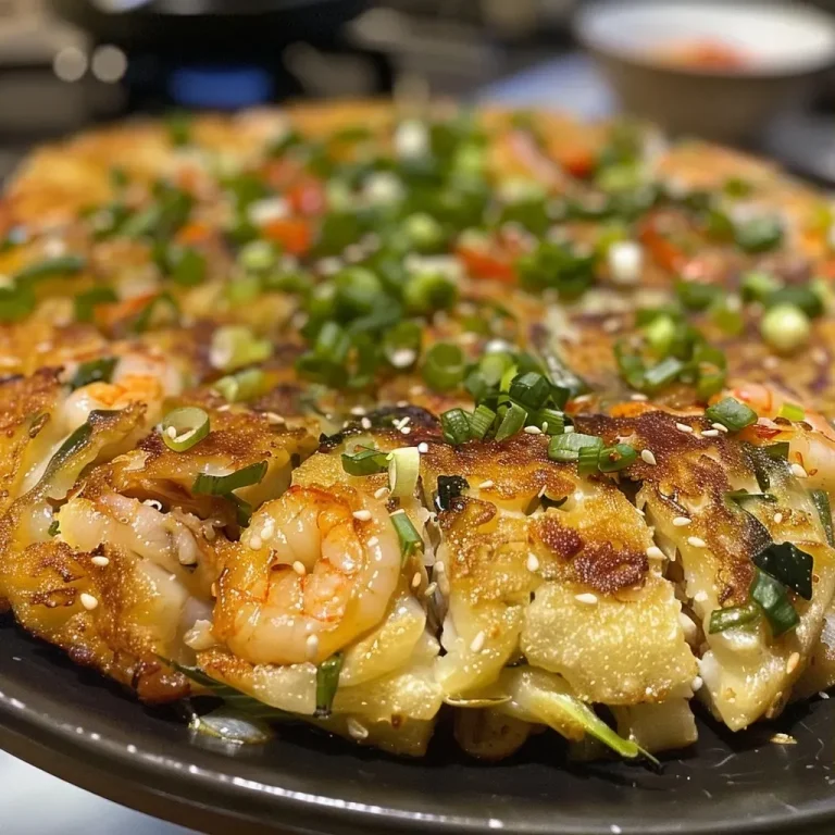 ['Close-up view of a golden-brown Haemul Pajeon showcasing scallions and seafood.', 'Side profile of a crispy seafood pancake loaded with shrimp and colorful vegetables.', 'Deliciously textured Haemul Pajeon with visible seafood and green onions on a plate.', 'A mouthwatering Korean seafood pancake with a crispy exterior and vibrant ingredients.']