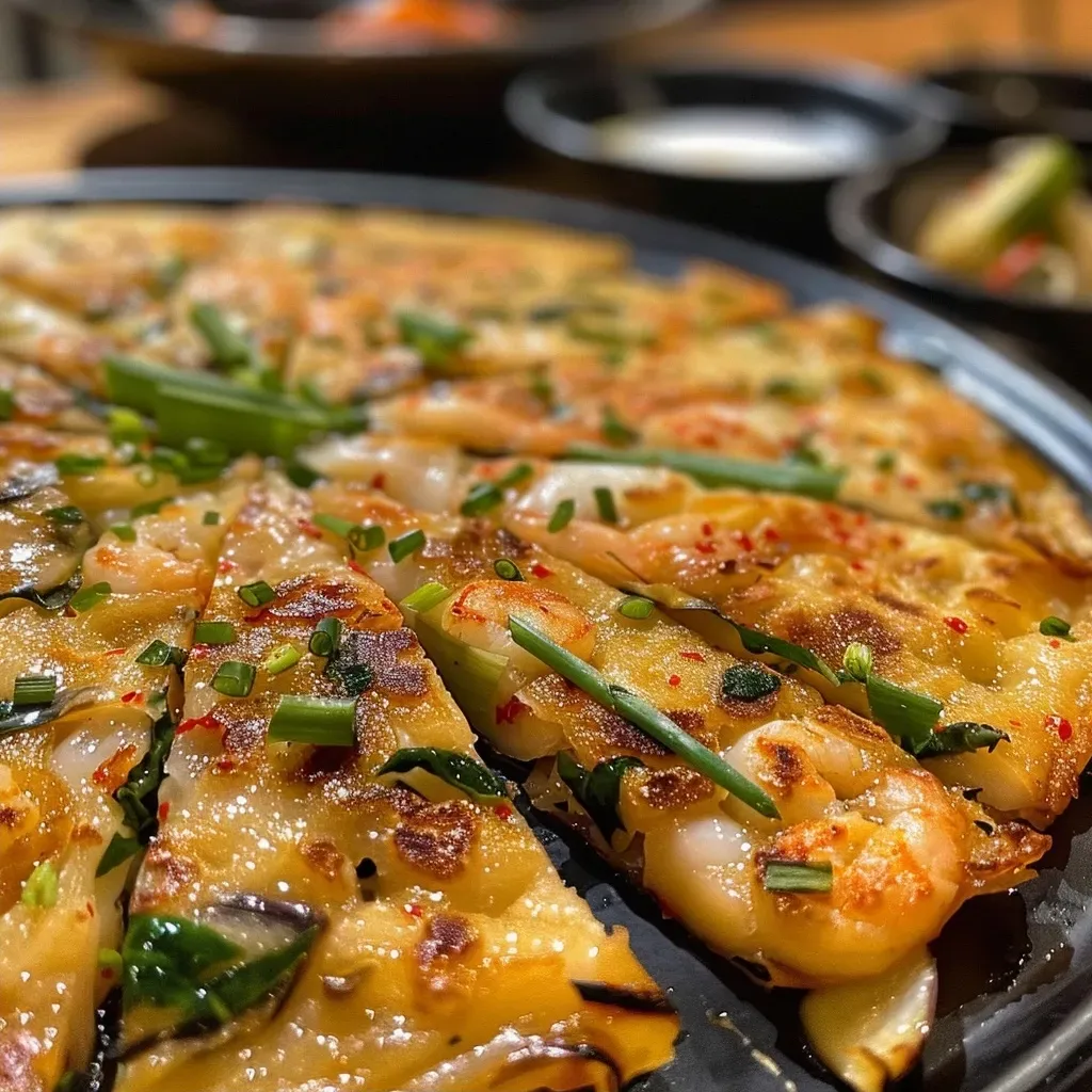 ['Close-up view of a golden-brown Haemul Pajeon showcasing scallions and seafood.', 'Side profile of a crispy seafood pancake loaded with shrimp and colorful vegetables.', 'Deliciously textured Haemul Pajeon with visible seafood and green onions on a plate.', 'A mouthwatering Korean seafood pancake with a crispy exterior and vibrant ingredients.']