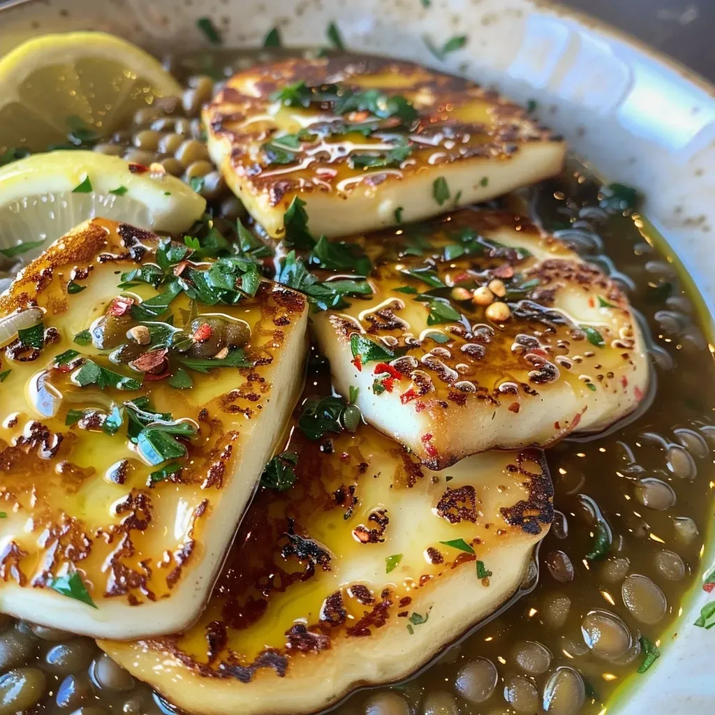 ['Close-up of golden-brown halloumi cheese atop a bed of green lentils, garnished with lemon zest.', 'Side view of sliced halloumi and lentils, showcasing a vibrant lemony dressing.', 'Juicy halloumi cheese served with lentils, featuring a bright lemon garnish.', 'A delicious plate of halloumi and lentils, highlighted by fresh lemon juice and zest.']
