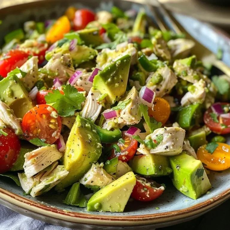 ['Close-up of a vibrant avocado chicken salad with diced ingredients.', 'Juicy avocado chicken salad featuring tomatoes, onions, and peppers.', 'Colorful bowl of healthy avocado chicken salad showcasing fresh ingredients.', 'Side view of a creamy avocado chicken salad with diced avocado and chicken.']