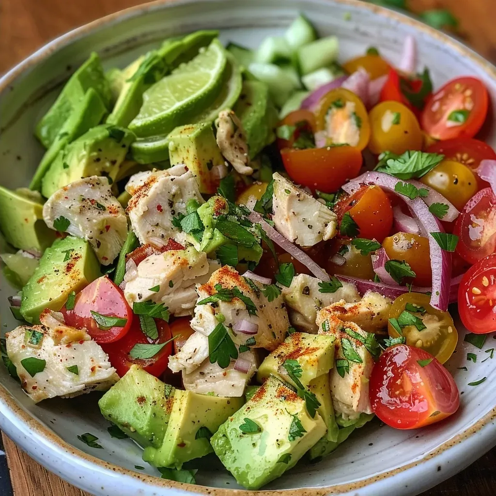 Close-up of a vibrant avocado chicken salad with diced ingredients.