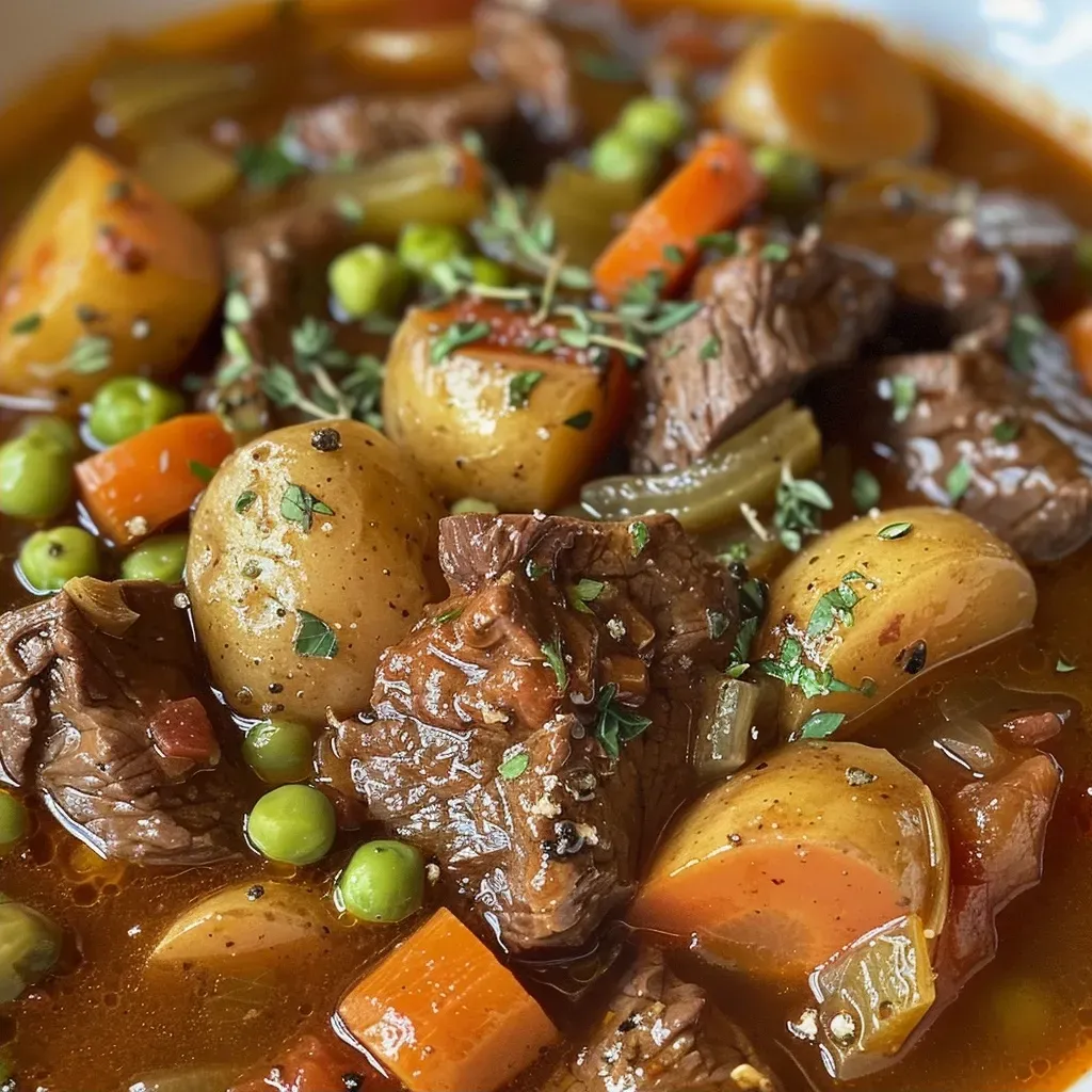 ['A close-up view of a bowl of healthy beef stew with vibrant vegetables and tender meat.', 'A side view of a hearty beef stew featuring chunks of beef, carrots, and potatoes in a rich broth.', 'A detailed image of healthy beef stew showcasing colorful ingredients in a rustic bowl.', 'An appetizing close-up of beef stew, highlighting fresh vegetables and succulent beef pieces.']