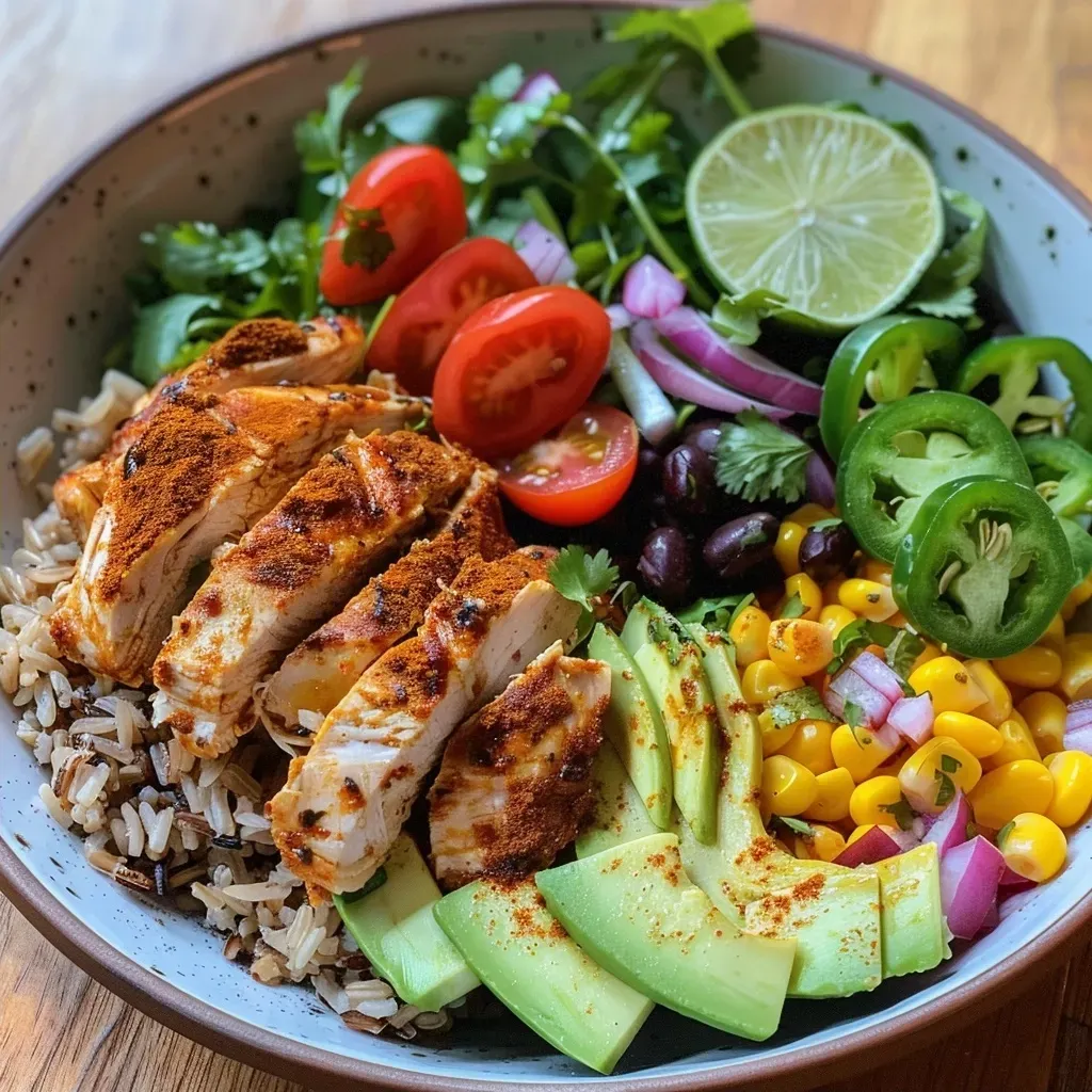['A close-up view of a colorful chicken burrito bowl with mixed greens, avocado, and toppings.', 'Side view of a healthy burrito bowl featuring grilled chicken, brown rice, and vibrant vegetables.', 'Juicy chicken burrito bowl with a variety of fresh ingredients displayed in a bowl.', 'A satisfying burrito bowl containing chicken, beans, corn, and sliced avocado, garnished with cilantro.']
