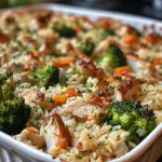 ['A close-up view of a healthy chicken rice casserole with broccoli and carrots.', 'Juicy chicken rice casserole presented in a dish, showcasing vibrant vegetables.', 'Side view of a creamy healthy chicken rice casserole with melted cheese on top.', 'A colorful healthy chicken rice casserole with diced chicken and vegetables, captured in detail.']