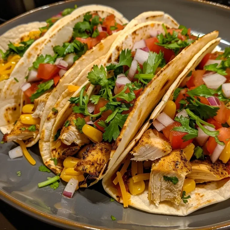 ['A close-up view of healthy chicken tacos filled with fresh ingredients.', 'Juicy chicken tacos bursting with colorful toppings, viewed from the side.', 'Side perspective of vibrant chicken tacos showcasing lettuce, tomatoes, and salsa.', 'A detailed look at healthy chicken tacos with bright vegetables and taco shell.']