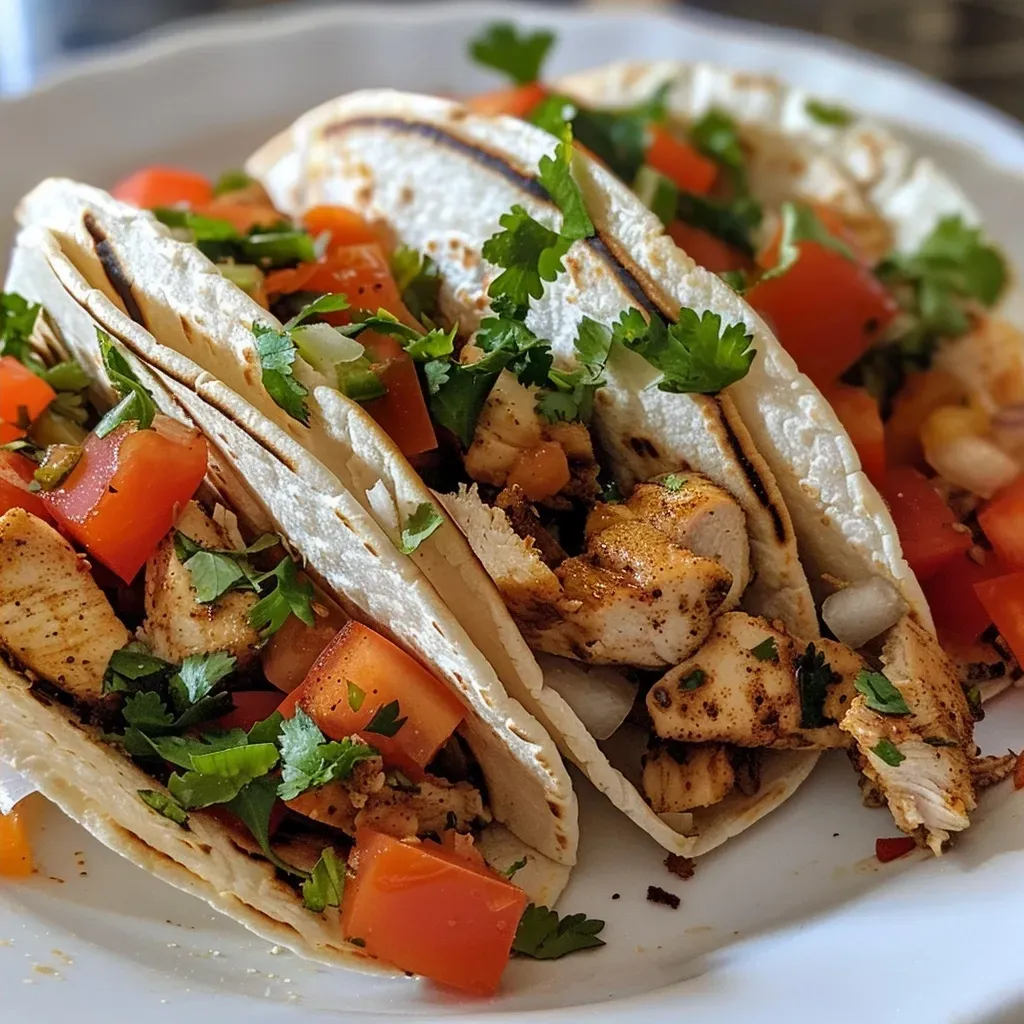 ['A close-up view of healthy chicken tacos filled with fresh ingredients.', 'Juicy chicken tacos bursting with colorful toppings, viewed from the side.', 'Side perspective of vibrant chicken tacos showcasing lettuce, tomatoes, and salsa.', 'A detailed look at healthy chicken tacos with bright vegetables and taco shell.']