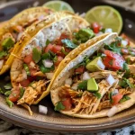 ['Juicy shredded chicken tacos garnished with fresh toppings in a crockpot.', 'Close-up view of healthy chicken tacos served with salsa and lime wedges.', 'Delicious chicken taco filling with vibrant colors from spices and toppings.', 'Side view of a bowl filled with healthy crockpot chicken tacos ready to eat.']