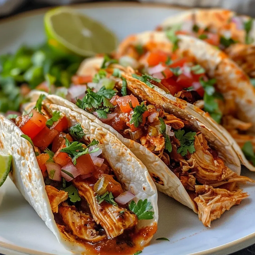 ['Juicy shredded chicken tacos garnished with fresh toppings in a crockpot.', 'Close-up view of healthy chicken tacos served with salsa and lime wedges.', 'Delicious chicken taco filling with vibrant colors from spices and toppings.', 'Side view of a bowl filled with healthy crockpot chicken tacos ready to eat.']