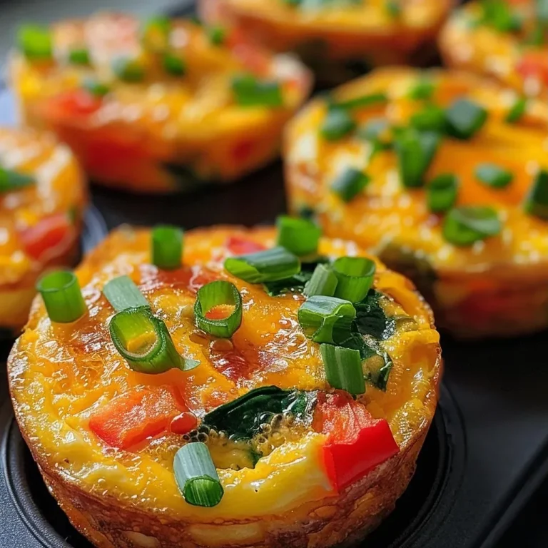 ['Close-up view of freshly baked Healthy Egg Muffins with colorful ingredients.', 'Side view of golden brown Healthy Egg Muffins packed with vegetables.', 'Juicy Healthy Egg Muffins displayed on a plate, showcasing vibrant vegetables.', 'Tasty egg muffins featuring spinach, bell pepper, and cheddar cheese.']