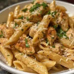 ['Close-up view of Healthy Garlic Parmesan Chicken Pasta with chicken, spinach, and pasta.', 'Juicy Healthy Garlic Parmesan Chicken Pasta plated with a sprinkle of Parmesan cheese and herbs.', 'Side view of a bowl of Healthy Garlic Parmesan Chicken Pasta featuring penne, chicken, and spinach.', 'Healthy Garlic Parmesan Chicken Pasta served with fresh parsley on top and a creamy sauce.']