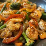 ['Close-up of a vibrant stir fry with shrimp and colorful vegetables.', 'Juicy garlic shrimp stir fry with mixed bell peppers and broccoli on a plate.', 'Side view of healthy garlic shrimp sautéed with fresh vegetables.', 'Delicious garlic shrimp dish served with vegetables and rice.']