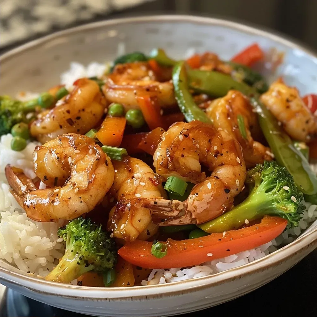 ['Close-up of a vibrant stir fry with shrimp and colorful vegetables.', 'Juicy garlic shrimp stir fry with mixed bell peppers and broccoli on a plate.', 'Side view of healthy garlic shrimp sautéed with fresh vegetables.', 'Delicious garlic shrimp dish served with vegetables and rice.']