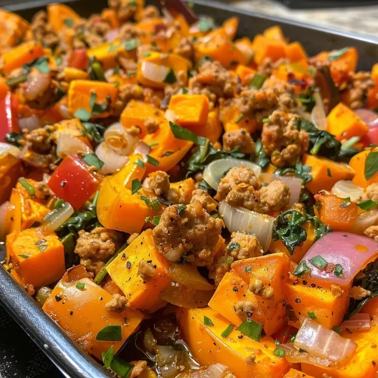 ['Close-up of a baked dish featuring ground turkey, sweet potatoes, and colorful vegetables.', 'A savory slice of healthy ground turkey sweet potato bake with visible layers of ingredients.', 'Side view of a hearty ground turkey and sweet potato casserole, showcasing fresh spinach and cheese topping.', 'Textured close-up of a nutritious turkey and sweet potato bake, highlighted by vibrant bell peppers.']
