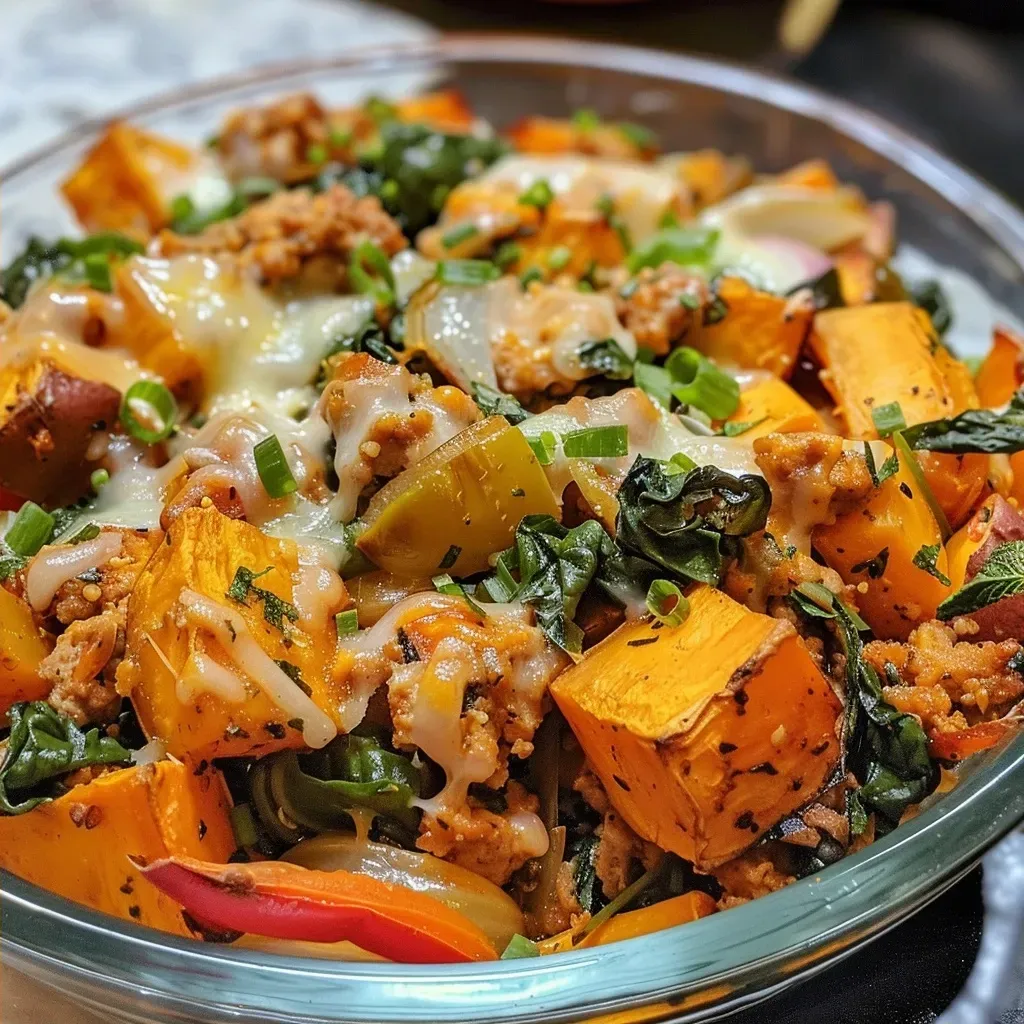 Close-up of a baked dish featuring ground turkey, sweet potatoes, and colorful vegetables.