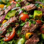 ['A vibrant close-up of a low-carb beef salad featuring greens, colorful vegetables, and sliced beef.', 'A side view of a juicy healthy salad with beef, mixed greens, and various toppings in a bowl.', 'Close-up of a fresh beef salad composed of colorful veggies and sliced avocado, served in a rustic bowl.', 'A delicious low-carb salad with lean beef, mixed greens, and assorted colorful ingredients displayed enticingly.']