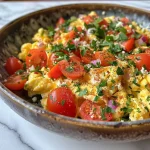 ['Close-up of colorful Mediterranean scrambled eggs with cherry tomatoes, bell peppers, and herbs.', 'Side view of a plate of scrambled eggs topped with feta cheese and fresh parsley.', 'Juicy scrambled eggs featuring vibrant vegetables, served in a rustic setting.', 'Healthy Mediterranean-style scrambled eggs with a sprinkle of spices and fresh ingredients.']
