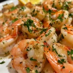 ['Close-up of a plate featuring Healthy Shrimp Scampi with garlic and lemon.', 'Juicy shrimp scampi garnished with parsley on a white plate.', 'Side view of Healthy Shrimp Scampi showcasing shrimp and herbs.', 'Delicious shrimp scampi dish with vibrant ingredients and spices.']