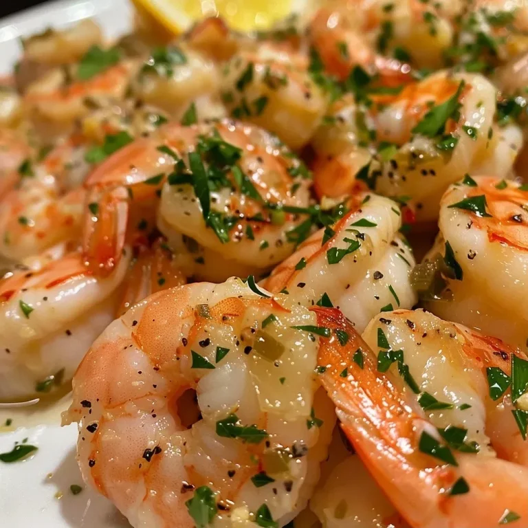 ['Close-up of a plate featuring Healthy Shrimp Scampi with garlic and lemon.', 'Juicy shrimp scampi garnished with parsley on a white plate.', 'Side view of Healthy Shrimp Scampi showcasing shrimp and herbs.', 'Delicious shrimp scampi dish with vibrant ingredients and spices.']