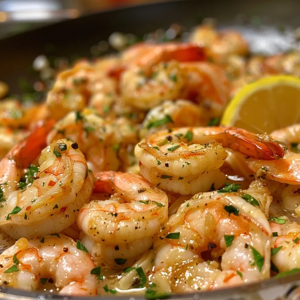 ['Close-up of a plate featuring Healthy Shrimp Scampi with garlic and lemon.', 'Juicy shrimp scampi garnished with parsley on a white plate.', 'Side view of Healthy Shrimp Scampi showcasing shrimp and herbs.', 'Delicious shrimp scampi dish with vibrant ingredients and spices.']