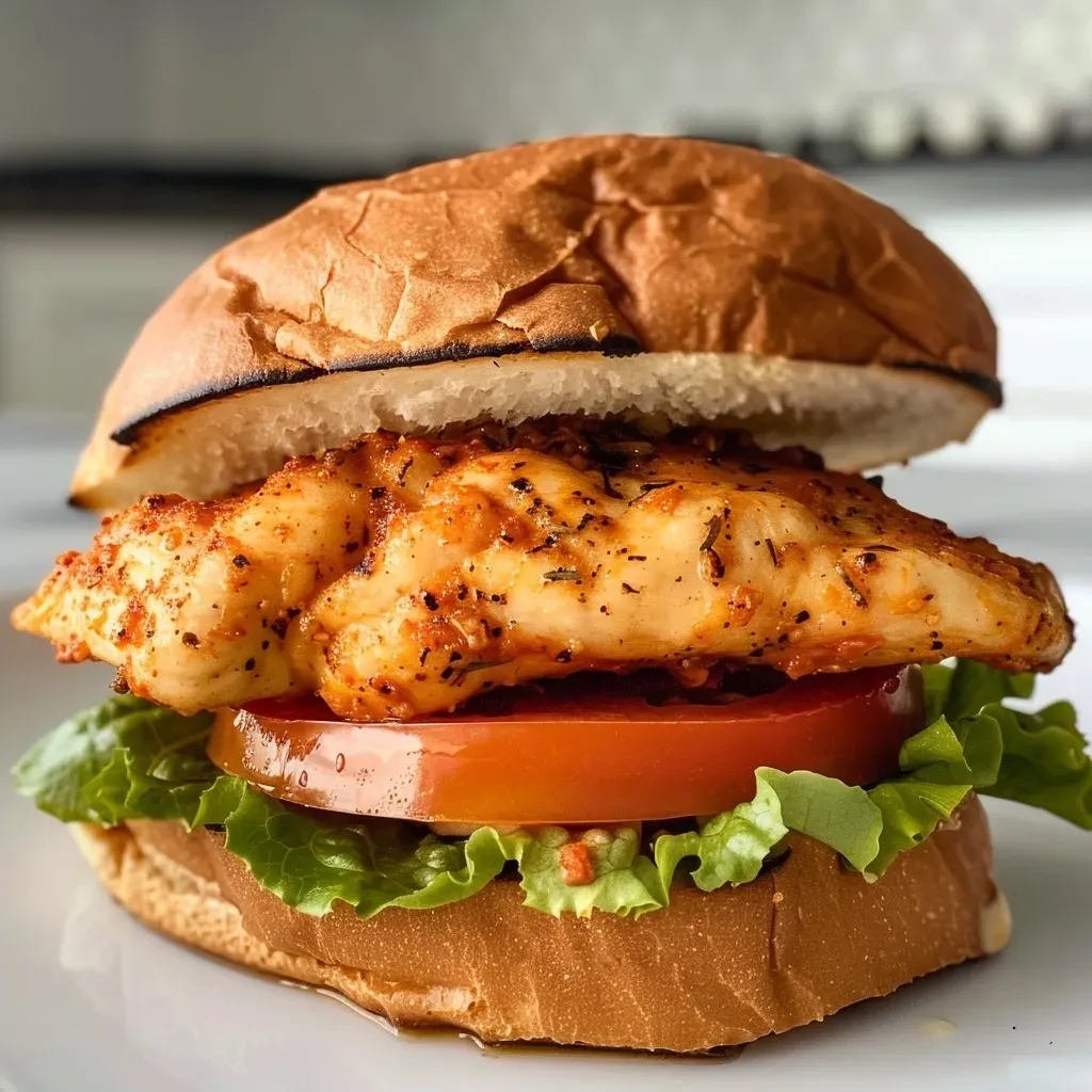 ['A juicy air fryer chicken breast sandwich with lettuce, tomato, and whole wheat buns.', 'Close-up view of a high protein chicken sandwich featuring crispy chicken, fresh lettuce, and sliced tomatoes.', 'Side view of a delicious air fried chicken breast sandwich with whole wheat bread and vibrant toppings.', 'An appetizing chicken sandwich showcasing seasoned chicken, fresh veggies, and condiments on whole wheat buns.']