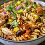 ['A close-up view of a vibrant High Protein BBQ Chicken Pasta Salad featuring rotini pasta, grilled chicken, black beans, and corn.', 'A colorful bowl of High Protein BBQ Chicken Pasta Salad with various ingredients like shredded chicken, diced vegetables, and a creamy dressing.', 'A detailed shot of a delicious High Protein BBQ Chicken Pasta Salad showcasing cooked pasta, black beans, corn, and fresh herbs.', 'An appetizing side view of High Protein BBQ Chicken Pasta Salad with pasta, grilled chicken, and a zesty BBQ sauce coating.']