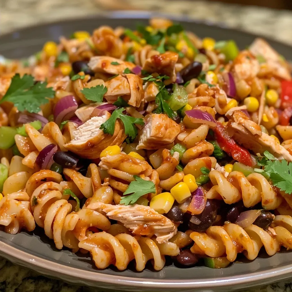 ['A close-up view of a vibrant High Protein BBQ Chicken Pasta Salad featuring rotini pasta, grilled chicken, black beans, and corn.', 'A colorful bowl of High Protein BBQ Chicken Pasta Salad with various ingredients like shredded chicken, diced vegetables, and a creamy dressing.', 'A detailed shot of a delicious High Protein BBQ Chicken Pasta Salad showcasing cooked pasta, black beans, corn, and fresh herbs.', 'An appetizing side view of High Protein BBQ Chicken Pasta Salad with pasta, grilled chicken, and a zesty BBQ sauce coating.']