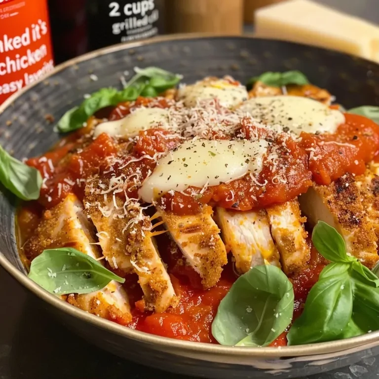 ['High protein chicken parmesan bowl featuring grilled chicken, marinara, and cheeses.', 'Close-up of a chicken parm bowl with cottage cheese and Italian seasoning.', 'Side view of a delicious cottage cheese chicken parm bowl, garnished with herbs.', 'Juicy chicken parm bowl layered with marinara and topped with mozzarella and parmesan cheese.']