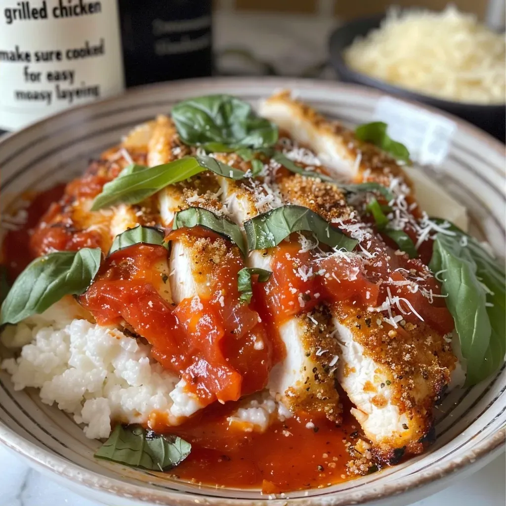 High protein chicken parmesan bowl featuring grilled chicken, marinara, and cheeses.