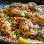 ['Juicy chicken thighs and rice dish garnished with parsley in a skillet.', 'Close-up view of chicken and rice with fresh herbs in a cast iron skillet.', 'Deliciously cooked chicken thighs with rice and lemon garnish on a plate.', 'High-protein chicken and rice skillet meal displayed with vibrant ingredients.']