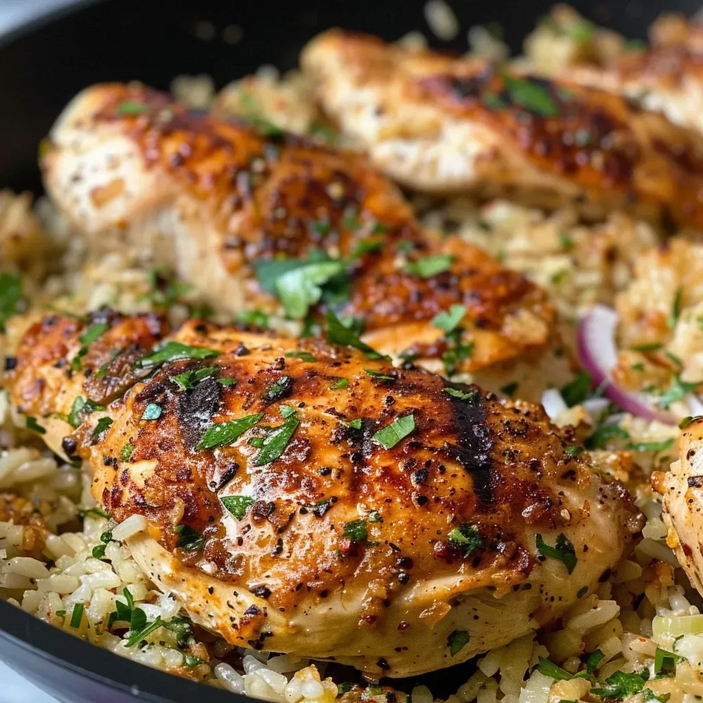 Juicy chicken thighs and rice dish garnished with parsley in a skillet.