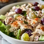 ['A close-up view of a vibrant chicken salad with grapes and apples.', 'Side view of a colorful high-protein chicken salad featuring greens and nuts.', 'Juicy chicken salad displayed with fresh ingredients like celery and grapes.', 'Delicious chicken salad with diced apples and chopped pecans in a bowl.']