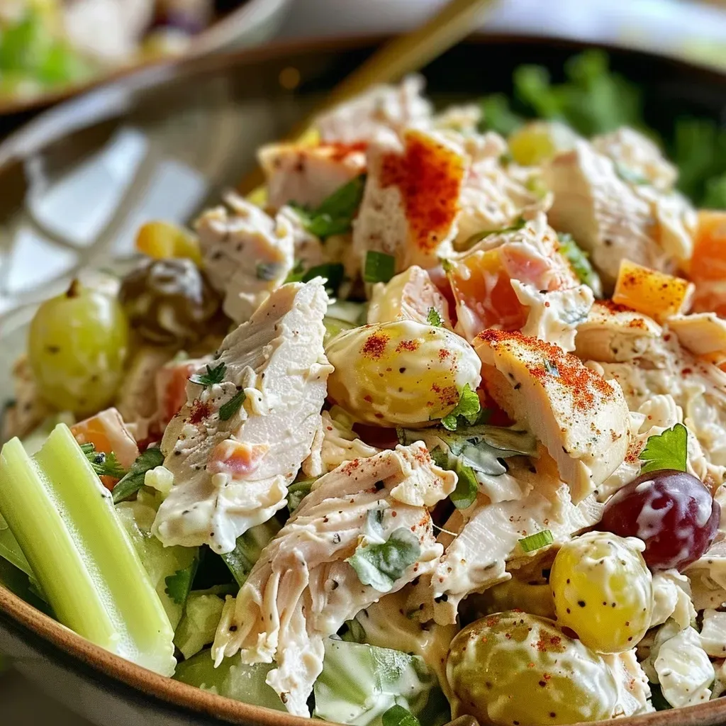 ['A close-up view of a vibrant chicken salad with grapes and apples.', 'Side view of a colorful high-protein chicken salad featuring greens and nuts.', 'Juicy chicken salad displayed with fresh ingredients like celery and grapes.', 'Delicious chicken salad with diced apples and chopped pecans in a bowl.']
