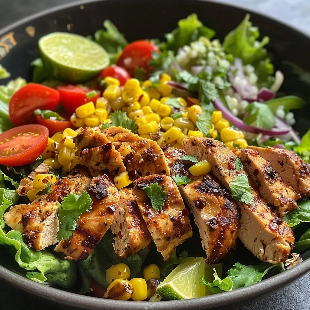 Close-up view of a vibrant Chicken Street Corn Salad with fresh ingredients.