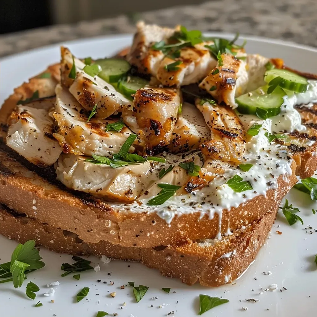 ['Close-up view of a crunchy chicken cucumber toast topped with cottage cheese and parsley.', 'Side view of high-protein chicken toast featuring fresh cucumber slices and cottage cheese.', 'Juicy grilled chicken on whole grain toast, garnished with cucumber and parsley.', 'Tasty chicken cucumber toast with a creamy cottage cheese spread and vibrant toppings.']