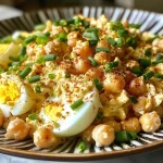 ['A close-up view of a colorful chickpea egg salad, featuring chopped hard-boiled eggs and chickpeas.', 'Side view of a creamy chickpea egg salad in a bowl, garnished with fresh chives and green onions.', 'Juicy chickpea egg salad, showcasing a blend of yellow egg yolks and specks of green from onions.', 'Close-up of a nutritious high protein salad, highlighting hard-boiled eggs and chickpeas mixed with yogurt.']
