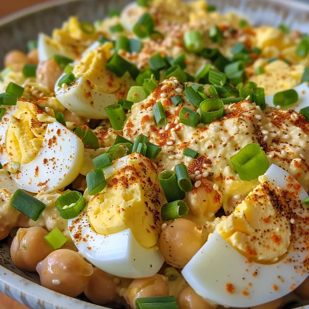 A close-up view of a colorful chickpea egg salad, featuring chopped hard-boiled eggs and chickpeas.