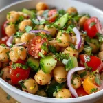 ['A close-up view of a colorful chickpea salad featuring cucumbers, cherry tomatoes, and red onion.', 'Vibrant chickpea salad displayed with diced vegetables and fresh herbs on a plate.', 'A side view of a high protein chickpea salad with a mix of fresh ingredients and dressing.', 'Juicy chickpea salad made with various colorful vegetables and garnished with herbs.']
